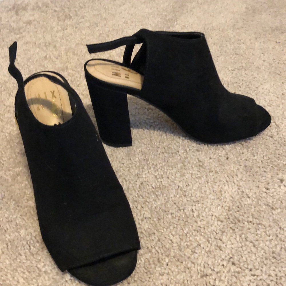 Black suede, block heeled booties